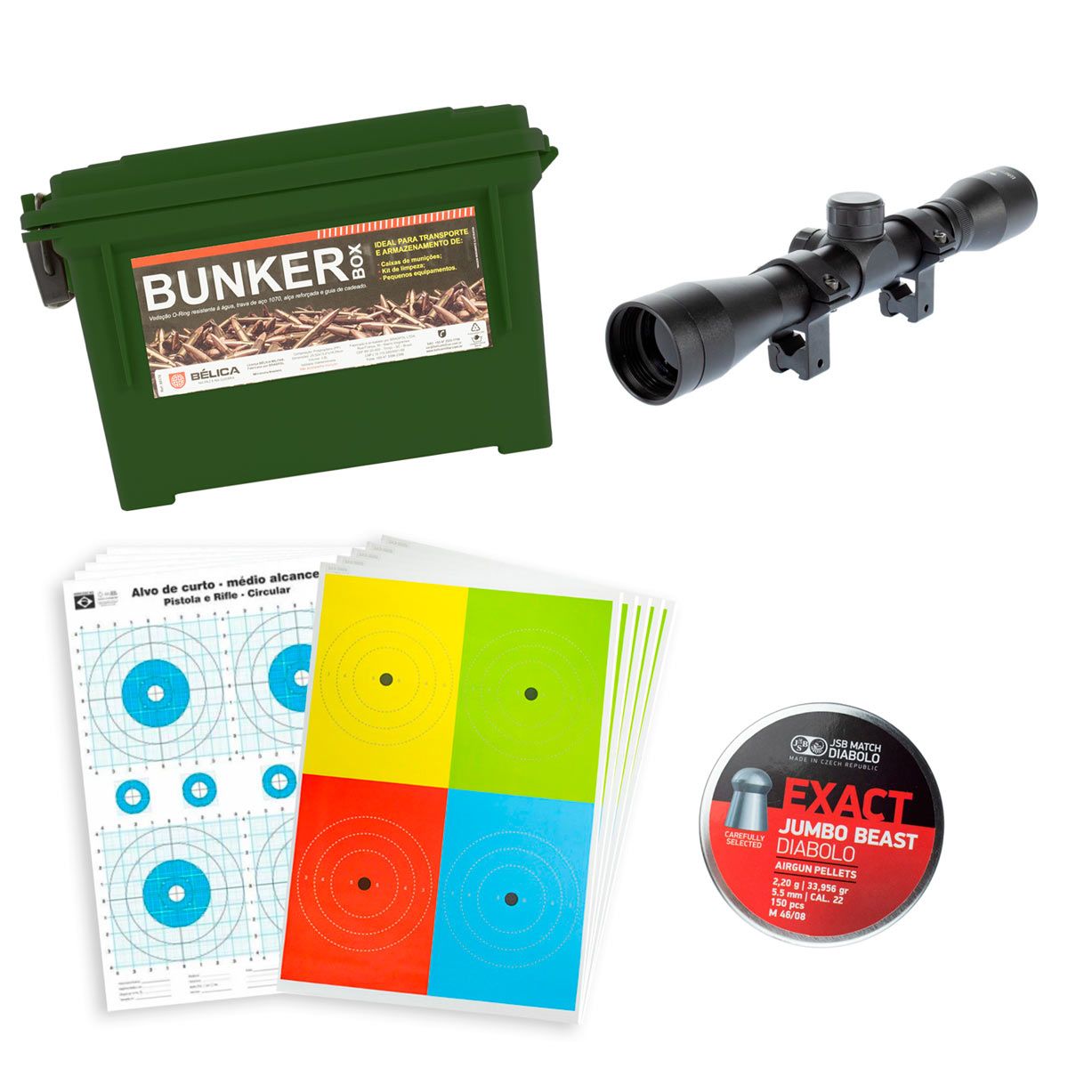 Caixa de Munição Tática Bunker Box Bélica Verde + Luneta + Chumbinho 5.5mm + Alvos