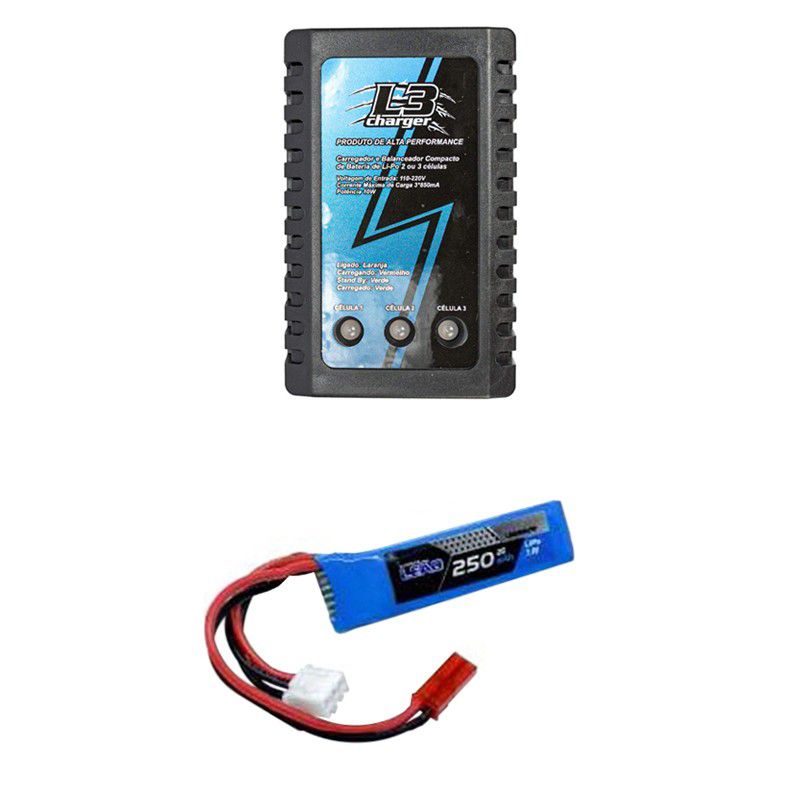 Carregador para Bateria LIPO L3 2S/3S + Bateria Lipo 7.4v 250mAh Pistola Airsoft AEP