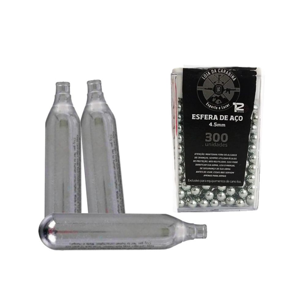 Kit LojaDaCarabina Esfera de Aço 4.5mm 300un + Cilindro Co2 3un