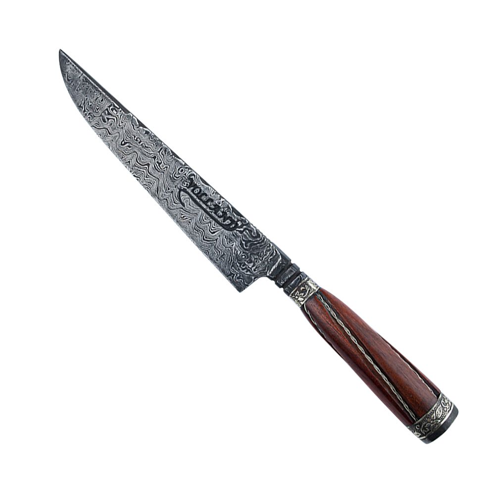 Faca Artesanal Damasco Cabo Pau-Brasil Retovado 8"