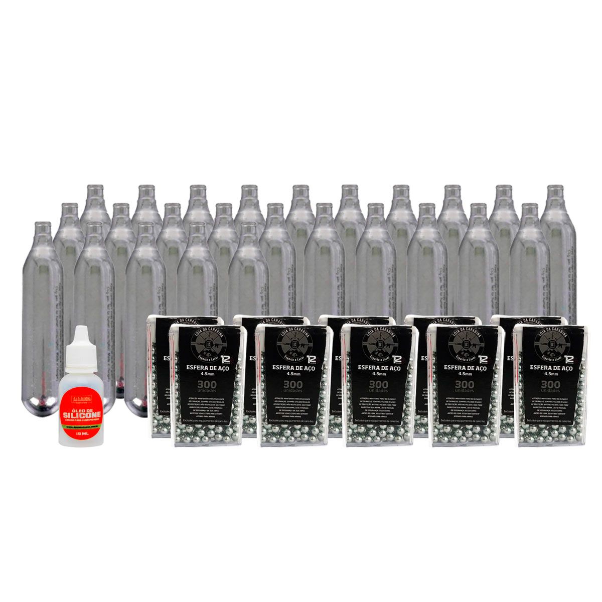 Kit 10 munição Esfera de Aço 4.5mm + Silicone + 25 Cilindros Co2