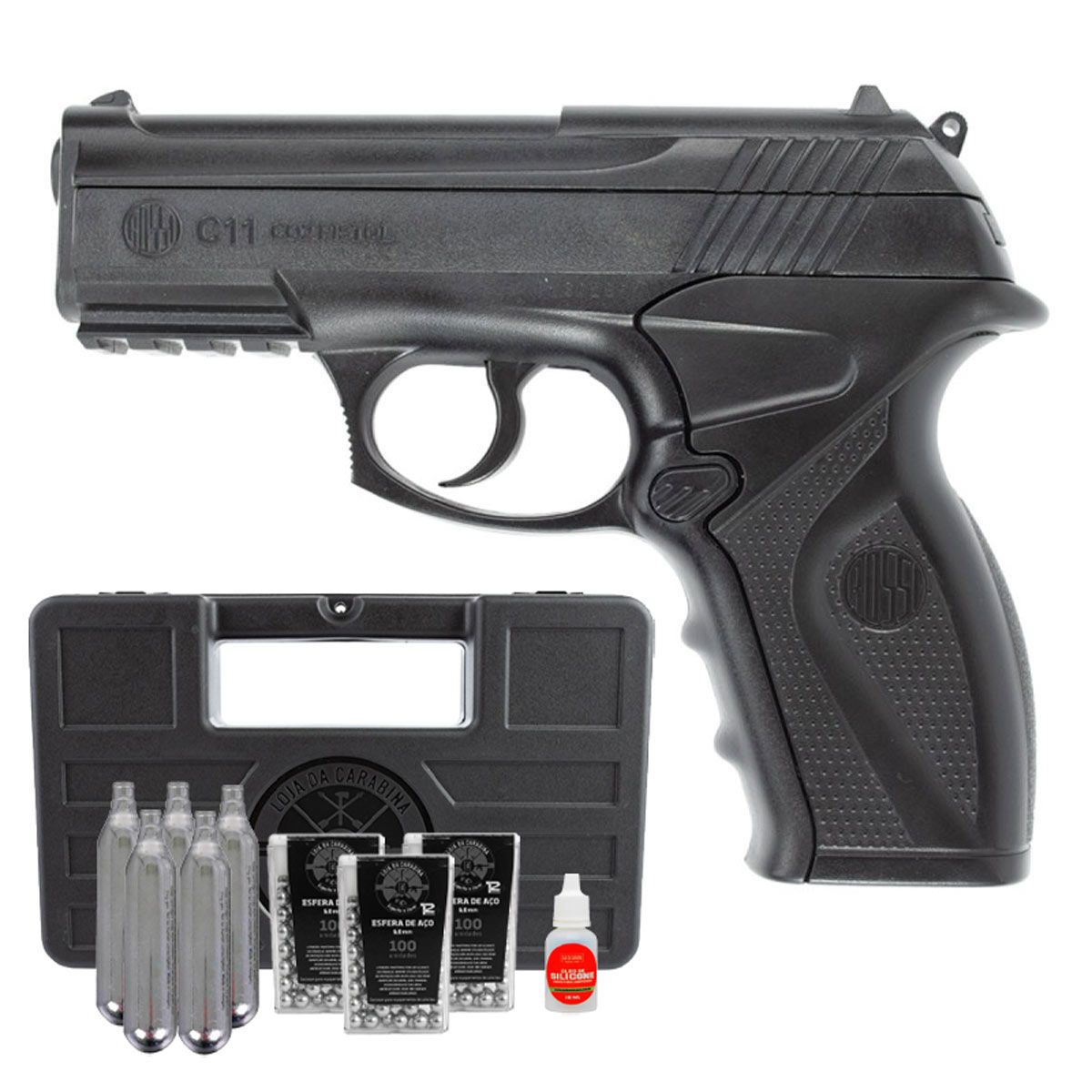 Pistola de Pressão CO2 R11 (C11) Rossi 6mm + Cilindro Co2 + Esfera de Aço 6mm LC + Óleo + Maleta LC