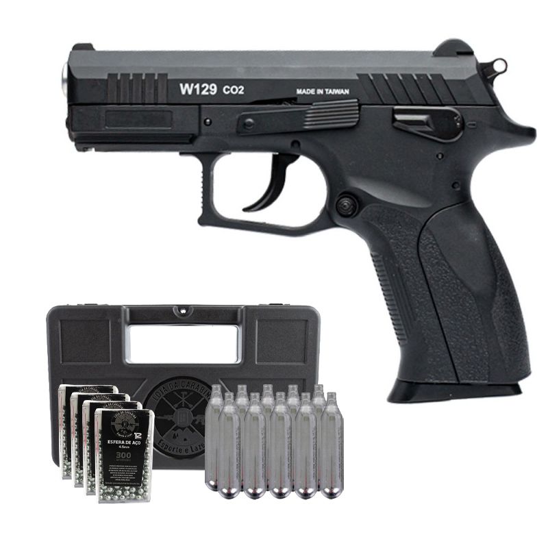 Pistola de Pressão Co2 CZ300 W129 Wingun 4.5mm + Cilindro Co2 12g + Esfera de aço 4.5mm + Maleta