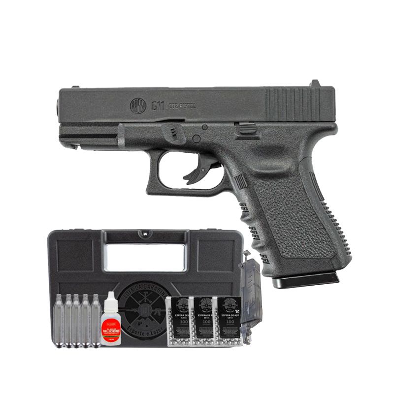 Pistola de Pressão CO2 Glock G11 Rossi 6mm + Speedloader + Esferas de Aço + CO2 + Óleo + Case