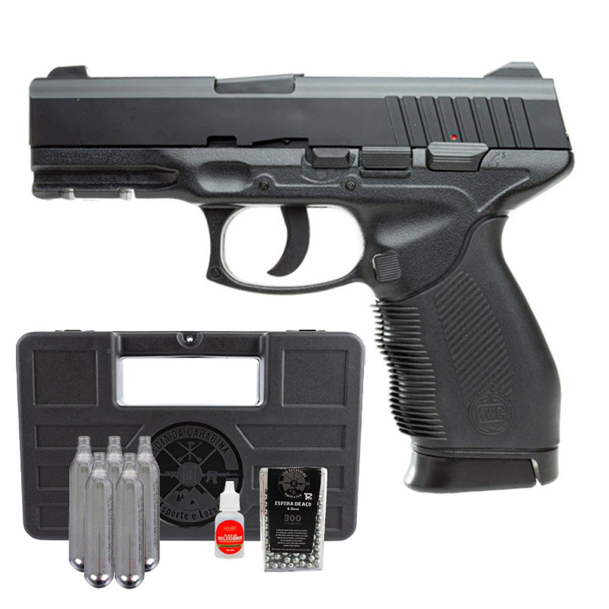 Pistola de Pressão Co2 KWC 24/7 4.5mm + Cilindro Co2 + Esfera de Aço + Óleo + Maleta