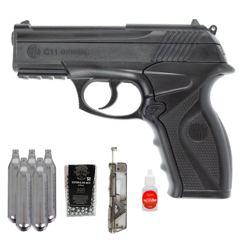 Pistola CO2 Rossi R11 (C11) 4.5mm + Speedloader 4.5mm + Esfera de Aço + CO2 + Óleo de Silicone