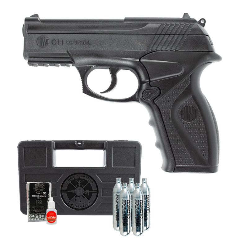 Pistola de Pressão Co2 Rossi R11 (C11) 4.5mm + Cilindro Co2 Gamo + Esfera de aço + Óleo + Maleta