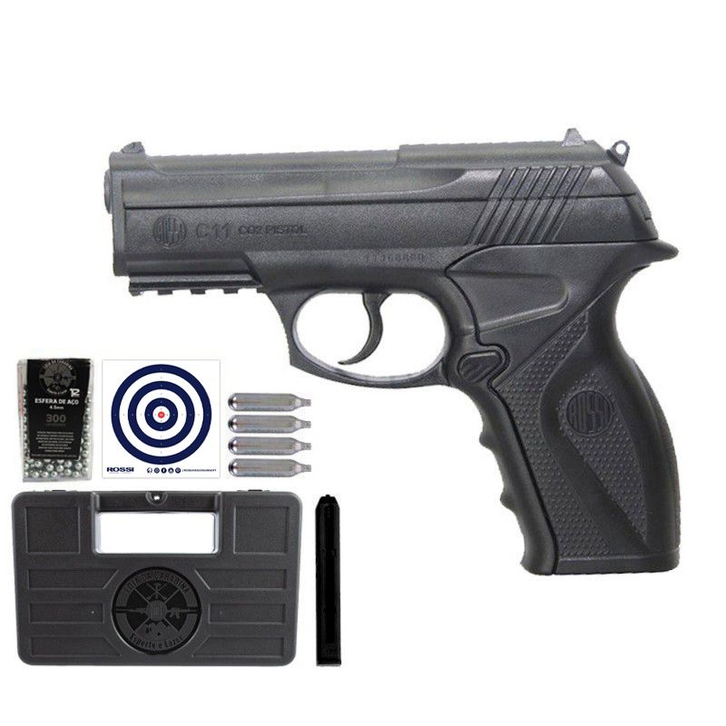 Pistola de Pressão CO2 Rossi R11 (C11) - 4.5mm + Esfera + Maleta + Cilindros + Magazine Extra
