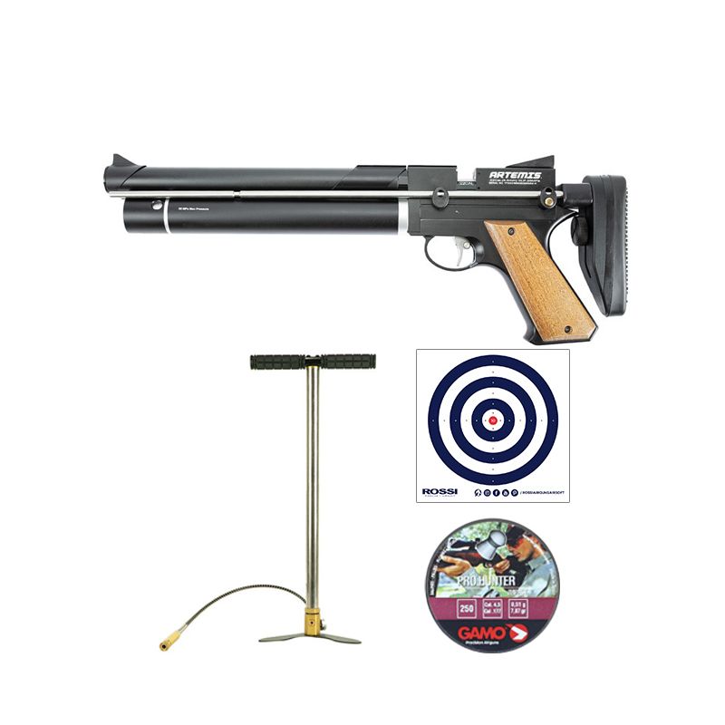 Pistola PCP Artemis PP750 Stocker 4.5mm + Bomba Manual + Chumbinho + Alvos