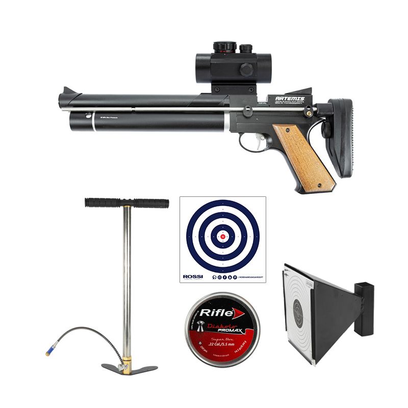 Pistola PCP Artemis PP750 Stocker 5.5mm + Bomba Manual + Chumbinho + Alvos + Alvo Coletor + Red Dot
