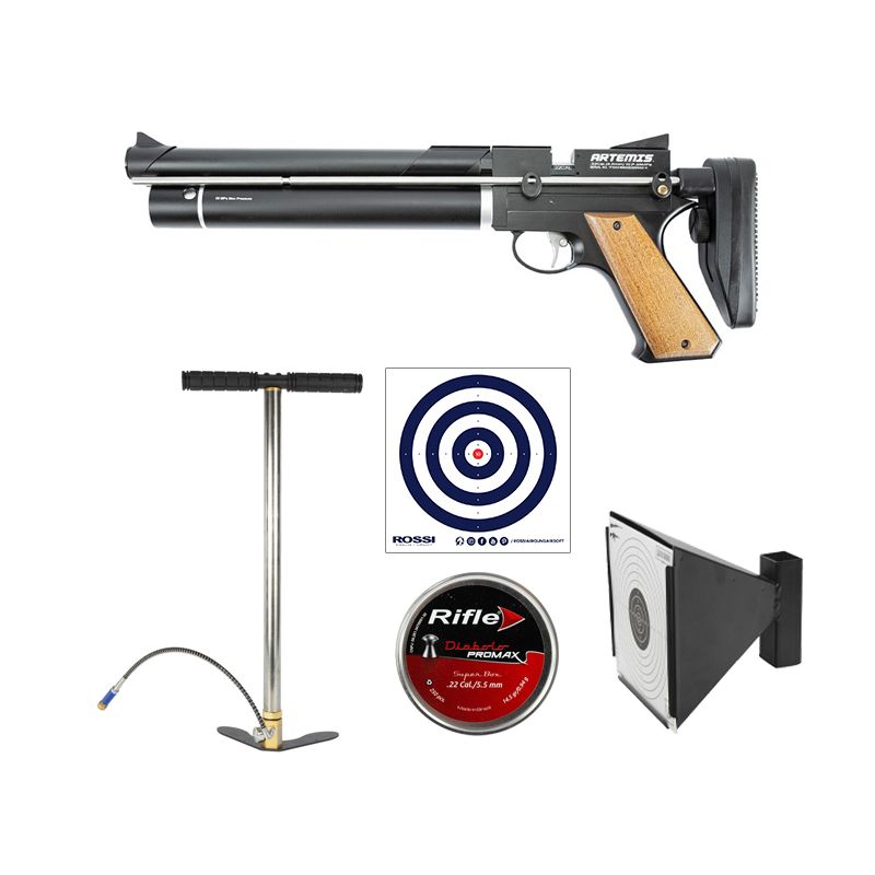 Pistola PCP Artemis PP750 Stocker 5.5mm + Bomba Manual + Chumbinho + Alvos + Alvo Coletor