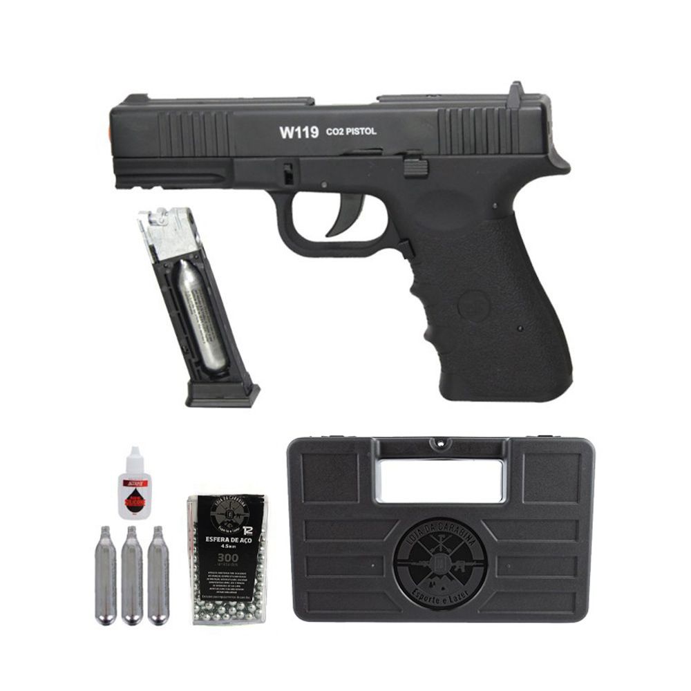 Pistola de Pressão Co2 W119  Wingun - 4.5mm + Case + Magazine Extra + Cilindros + Esferas