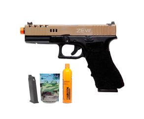 Pistola Airsoft Glock G17 Zev Double Bell com Cilindro + Green Gás + BBs 0.20g + Alvos