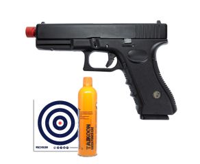 Pistola Airsoft GBB Rossi Glock V17 6mm + Cilindro Green Gás Taikoon 600ml + Alvos 14x14 Rossi