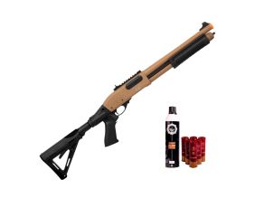 Airsoft Shotgun Gás Secutor Velites G-III Full Metal Tan + Green Gás e Kit Cartuchos