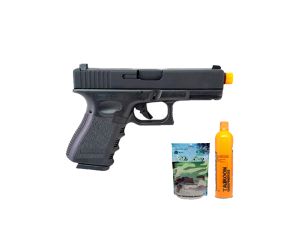 Pistola Airsoft GBB Glock G23 KWJ BlowBack com Cilindro Green Gás e Pacote de BBs 0,20g