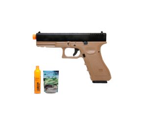 Pistola Airsoft GBB Glock R17 Tan BlowBack + Green Gás + BB's 0.20g Rossi + Alvos