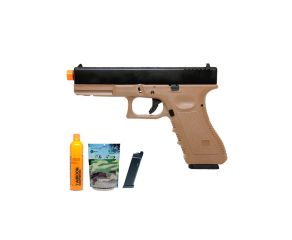 Pistola Airsoft GBB Glock R17 Tan BlowBack com Bbs 0,20g Cilindro e Magazine Extra