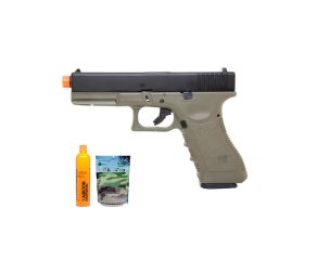Pistola Airsoft GBB Glock R17 Verde BlowBack + Green Gás + BB's .20g + Alvos