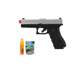 Pistola Airsoft GBB Glock R17 Silver BlowBack com Pacote de Bbs 0,20g e Cilindro de Gás