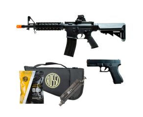 Airsoft Spring M4A1 + Pistola Spring V307 Vigor + Speed Loader + BBs + Capa Rossi 30cm