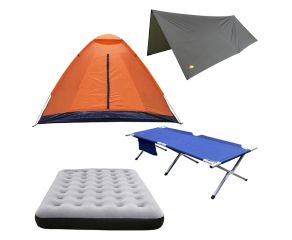 Barraca Camping + Colchao Inflavel Casal + Cama Camping Dobravel + Toldo Para Camping