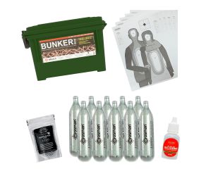 Caixa de Munição Bunker Verde + Cilindro Co2 + Esferas de Aço 4.5mm + Silicone + Alvos