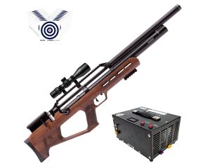 Carabina PCP Reximex Zone Wood 5.5mm + Compressor de Ar Portatil + Luneta 3-12x44 FFP + Alvos