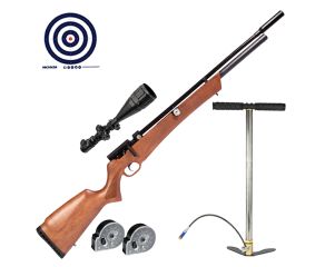 Carabina PCP Rossi Outlander Madeira 5.5mm + Bomba Manual PCP + Luneta 6-24x50 + Magazines + Alvos