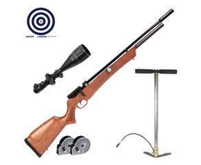Carabina PCP Rossi Outlander VR Madeira 5.5mm +  Bomba Manual + Luneta 6-24x50 + Magazine + Alvos