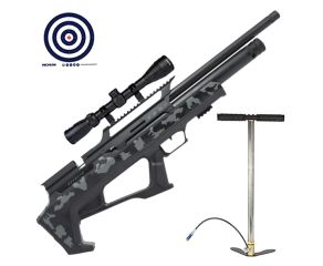 Carabina PCP Zeon Effecto Bullpup Camuflada 5.5mm + Bomba Manual PCP + Luneta 3-9x40 SFP + Alvos