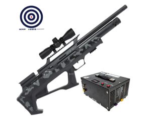 Carabina PCP Zeon Effecto Bullpup Camuflada 5.5mm + Compressor de Ar Portatil + Luneta 4x32 + Alvos