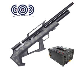 Carabina PCP Zeon Effecto Bullpup Camuflado Verde 5.5mm + Compressor de Ar Portatil + Alvos