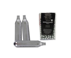 Kit LojaDaCarabina Esfera de Aço 4.5mm 300un + Cilindro Co2 3un