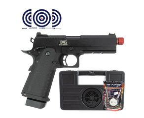 Pistola Airsoft 1911 Blowback TAG + Maleta para Pistola + Cilindro Gas + Airsoft BBs 0 25g + Alvos