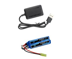 Carregador de Bateria Leão L2-USB 2A LiPo 2S Airsoft 7.4v + Bateria LiPo 7.4V 2S 1100mAh 20C/40C