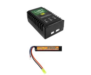 Carregador Compacto P/ Bateria Li-Po L1P1 - QGK + Bateria Airsoft Lipo 7.4V 1100mAh 20C