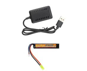 Carregador de Bateria Leão L2-USB 2A LiPo 2S Airsoft 7.4v + Bateria Airsoft Lipo 7.4V 1100mAh 20C