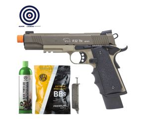 Pistola Airsoft GBB 1911 R32 Tan SandStorm + Speedloader 90 BB's + BB's + Green Gás + Alvos