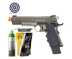 Pistola Airsoft GBB 1911 R32 Tan SandStorm Army + Speedloader + BB's + Green Gás + Alvos