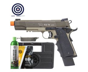 Pistola Airsoft GBB 1911 R32 Tan SandStorm + Speedloader + BB's + Green Gás + Case + Alvos