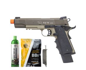 Pistola Airsoft GBB 1911 R32 Tan SandStorm + Speedloader 90 Rds + BB's 0.20g 1000Un + Green Gás