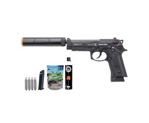 Pistola Airsoft GBB M92 Bellum Co2 e Green Gás + Supressor e Kit Recarga