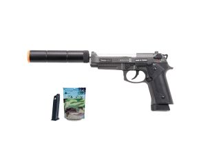 Pistola Airsoft GBB M92 Bellum Grey Co2 e Green Gás + Supressor