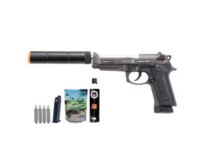 Pistola Airsoft GBB M92 Bellum Grey Co2 e Green Gás + Supressor e Kit Recarga