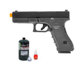 Pistola Airsoft GBB Glock R17 Blowback Green Gás + Gás propano + Bico adaptador + Óleo