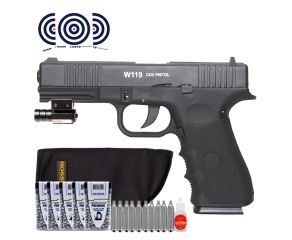 Pistola de Pressao Co2 Glock W119 BlowBack 4.5mm + Capa + Mira Laser + Esferas + CO2 + Oleo + Alvos