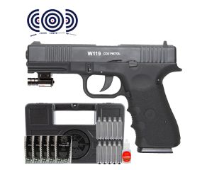 Pistola de Pressao Co2 Glock W119 BlowBack 4.5mm + Case + Mira Laser + Esferas + CO2 + Oleo + Alvos