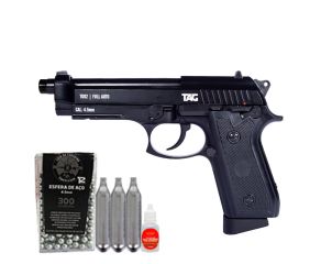 Pistola de Pressão CO2 TAG PT92 Blowback Full Metal + Cilindros Co2 + Esferas De Aço + Óleo Silicone