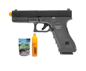 Pistola de Airsoft Glock R17 GBB 6mm + Green Gás Leão + BB's 0.25g + Alvos